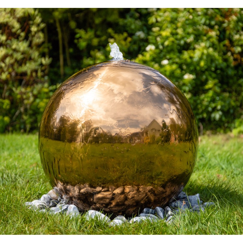 Sphere Water Fountain, polished stainless steel, LED, height 28 cm
