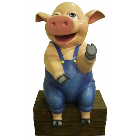 Comic Pig Sitting on Wooden Bench