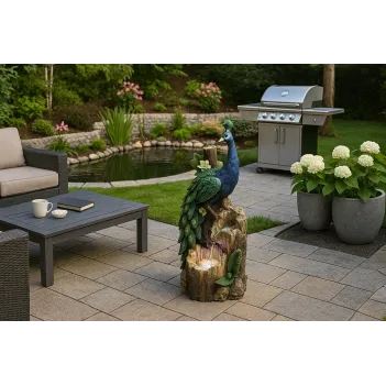 Pfau auf einem Baumstamm