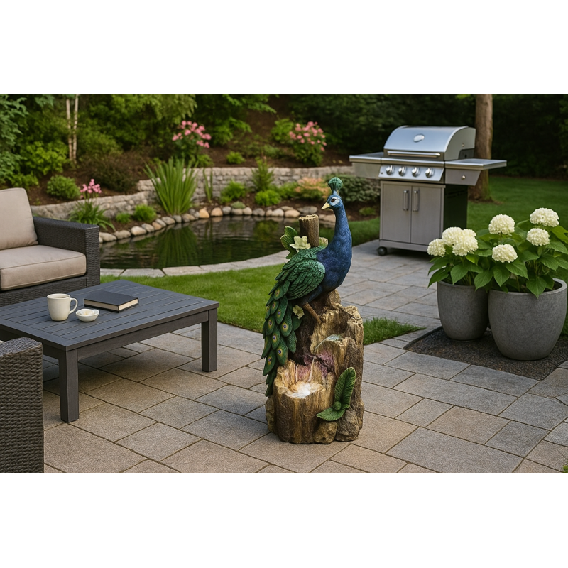 Peacock on a tree trunk